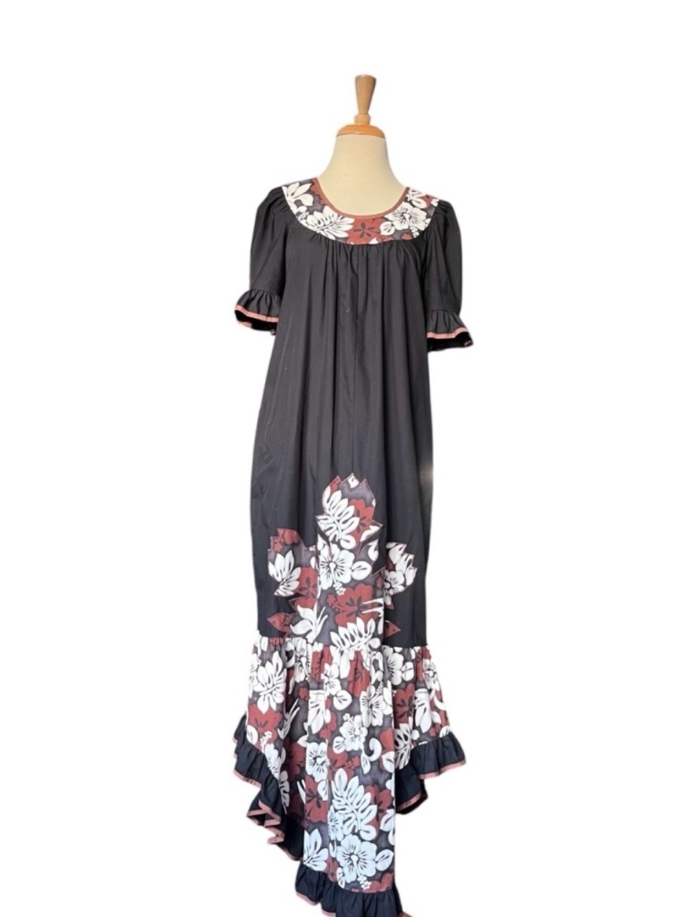 Black Floral Maxi Dress with White and Maroon Accents